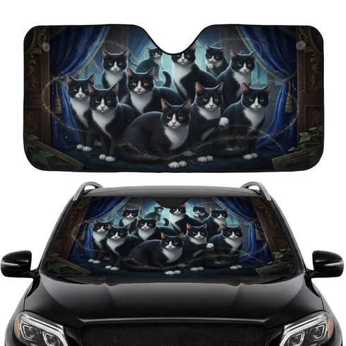 Tuxedo Cats Velvet Drapes Golden Accents - Cat Lover Gift Car Sunshade
