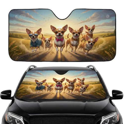 Chihuahua Dogs Sunglasses Bow Tie Open Road Golden Hour Hills - Dog Lover Gift Car Sunshade