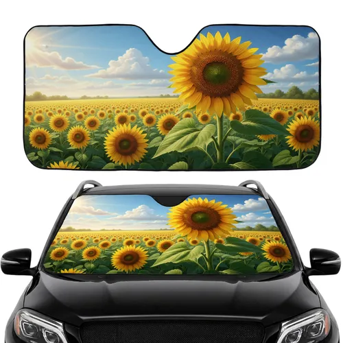 Vibrant Sunflower Field Golden Sunburst Blue Sky Clouds - Summer Road Trip Essential Car Sunshade