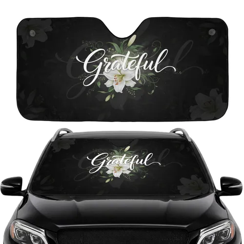 Grateful Script White Lily Floral Deep Black - Meaningful Inspiration Gift Car Sunshade