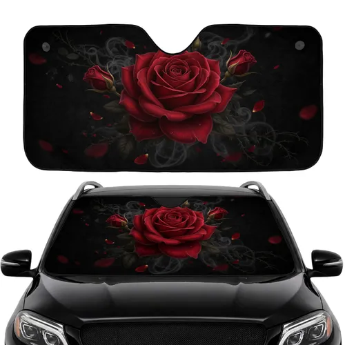 Crimson Red Rose Full Bloom Gold Bud Dark Background - Romantic Decor Gift Car Sunshade