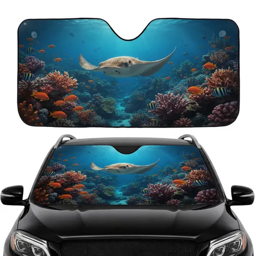 Mobula Ray Coral Reef Sunlit Ocean Seascape - Ocean Lover Gift Car Sunshade