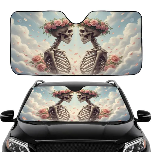 Romantic Skeletons Rose Crowns Everlasting Love Gift for Anniversary Couples Car Sunshade
