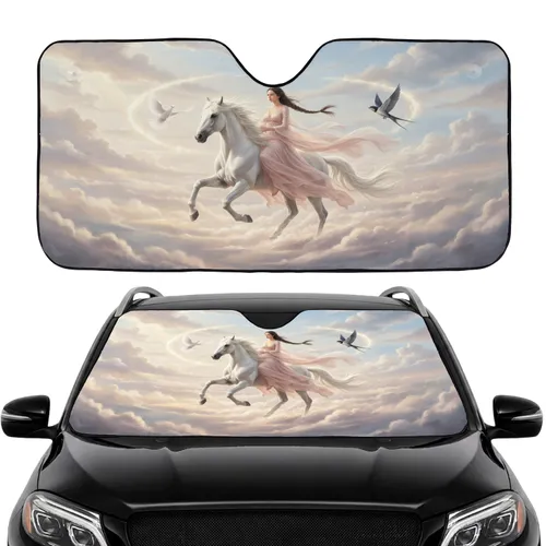 Woman Riding White Horse Mystical Birds - Fantasy Lover Gift Car Sunshade