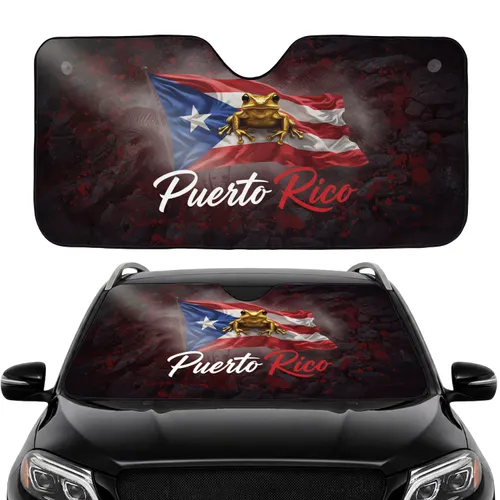 Waving Puerto Rico Flag Golden Coquí Frog Volcanic Mist - Island Heritage Pride Gift Car Sunshade