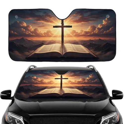 Wooden Cross Holy Bible Sunset Mountains - Spiritual Inspiration Gift Car Sunshade