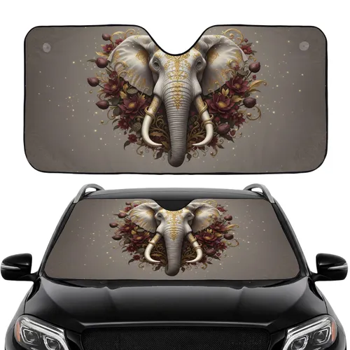 White Elephant Gold Filigree Floral - Wildlife Lover Gift for Elephant Lover Car Sunshade