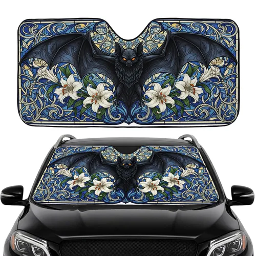 Black Bat Orange Eyes Lilies Art Nouveau Mosaic Swirls - Wildlife Lover Gift Car Sunshade