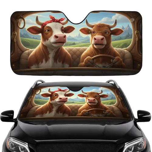 Smiling Cows Driving Car - Road Trip Essentials Cow Lover Gift Car Sunshade