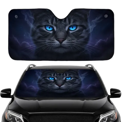 Piercing Electric Blue Feline Eyes Tabby Fur Muzzle Cosmic Nebula - Powerful Mystery Lover Car Decor Car Sunshade
