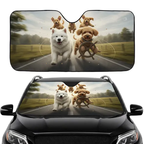 White Dog Poodle Golden Retriever Road Trip Adventure - Dog Lover Travel Gift Car Sunshade