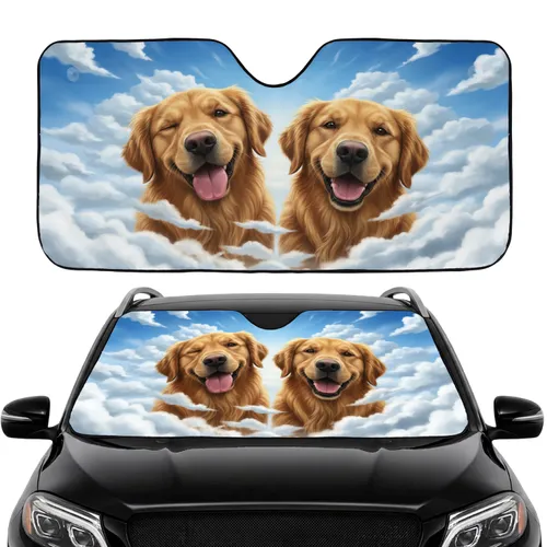 Golden Retrievers Squinting Tongue Out Blue Sky - Dog Lover Gift Car Sunshade