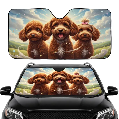 Three Poodle Dogs Pink Bow Tongue Out - Pet Lover Road Trip Accessory Car Sunshade