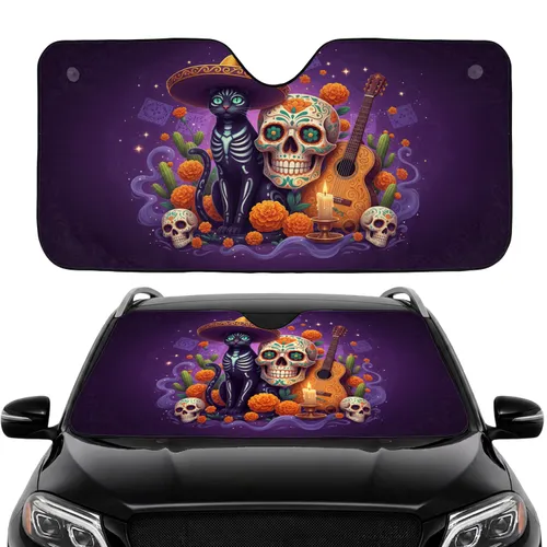 Black Cat Sombrero Sugar Skull Guitar - Dia de los Muertos Celebration Decor for Cat Lover Car Sunshade