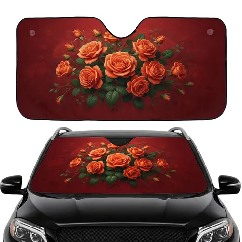 Realistic Orange Roses Green Leaves Garden Car Decor Gift Car Sunshade
