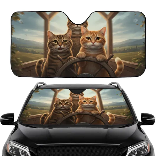 Realistic Brown Tabby Ginger Cats Open Road Trip Journey - Cat Lover Gift Car Sunshade