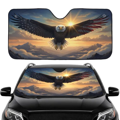 Bald Eagle American Flag Mountain Scene - Patriotic Wildlife Lover Gift Car Sunshade