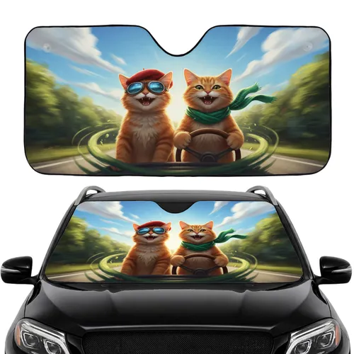 Ginger Tabby Cats Steering Wheel Adventure - Travel Essentials for Cat Lover Car Sunshade