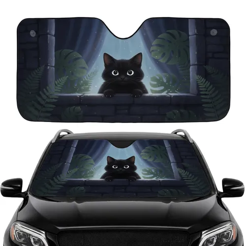 Mischievous Black Cat Peeking Houseplant Foliage - Cat Lover Twilight Car Decor Gift Car Sunshade