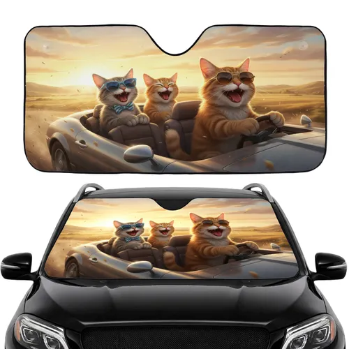 Tabby Cats Driving Open Vehicle Rolling Hills Road Trip Adventure Gift Car Sunshade