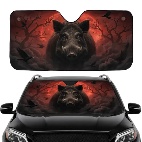 Wild Boar Piercing Eyes Blood Moon Gnarled Trees - Outdoor Adventure Gift Car Sunshade