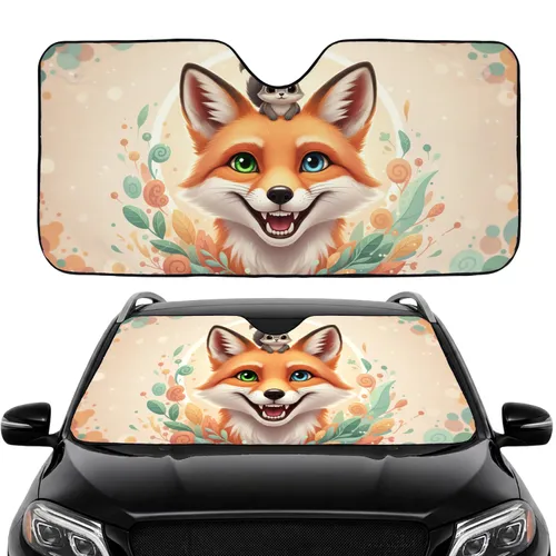 Smiling Fox Heterochromia Squirrel Leaves - Car Interior Accessory Wildlife Gift Car Sunshade