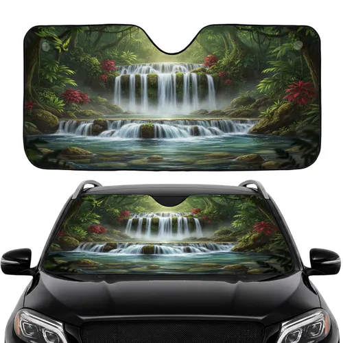 Multi-Tier Waterfall Rugged Rock Tropical Jungle Foliage - Nature Lover Gift Car Sunshade