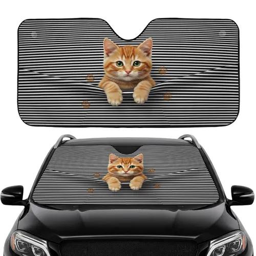 Ginger Tabby Kitten Paw Prints Black White Stripes - Car Decor Cat Lover Gift Car Sunshade