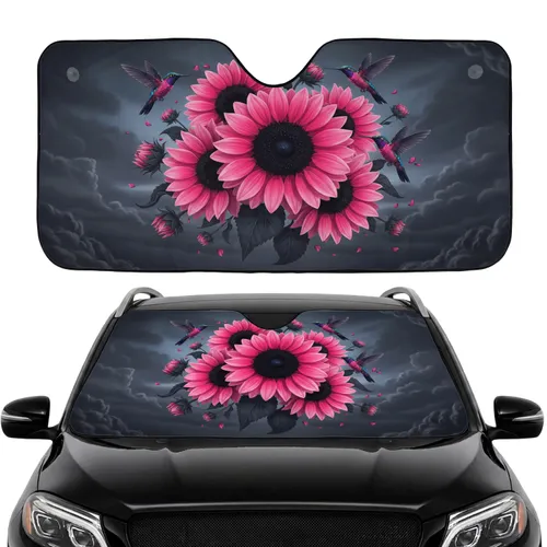 Pink Sunflowers Hummingbirds Dark Twilight Sky - Wildlife Lover Gift Car Sunshade