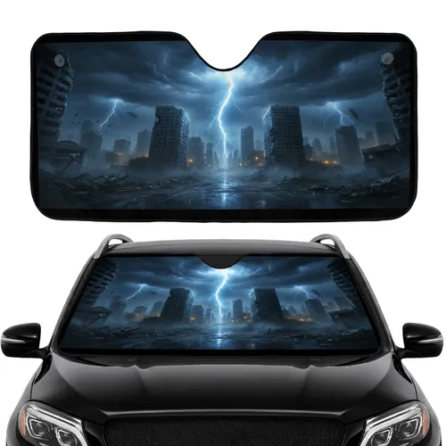Rain-Slicked Apocalyptic City Street Lightning Storm - Desolation Scene Gift Car Sunshade