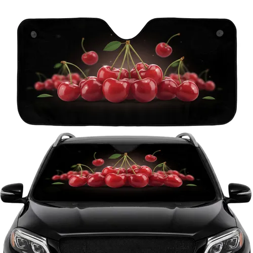 Glossy Red Cherry Clusters Velvety Black - Vibrant Vehicle Interior Decor for Fresh Fruit Lovers Car Sunshade