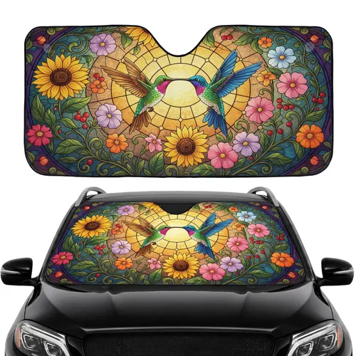 Hummingbird Stained Glass Garden Flowers - Wildlife Lover Car Decor Gift Car Sunshade