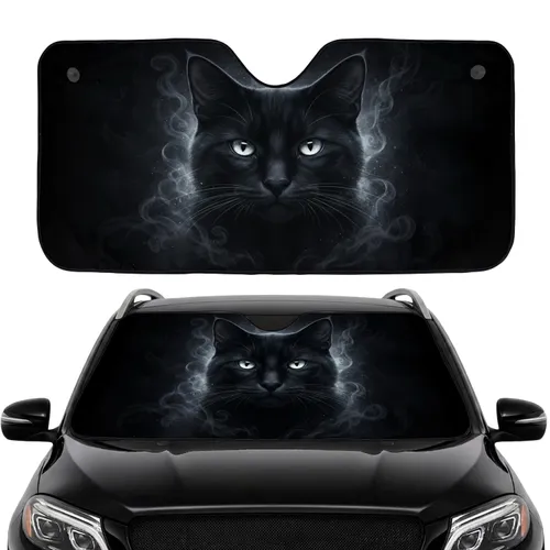 Black Cat Luminous White Eyes Whiskers Dark Mist Cosmic Background - Cat Lover Gift Car Sunshade