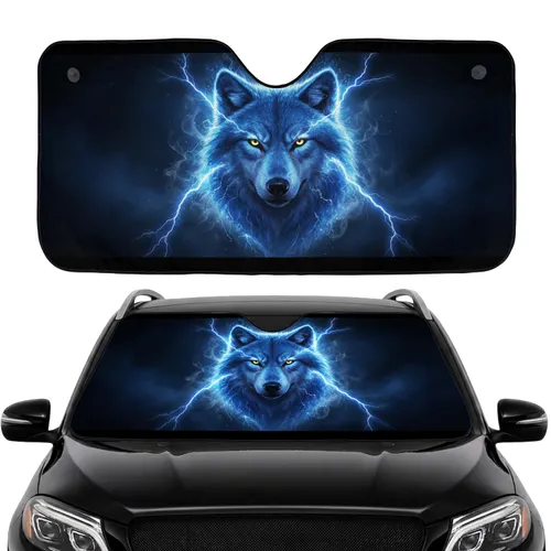 Majestic Blue Wolf Head Glowing Eyes Lightning - Wildlife Lover Gift Car Sunshade