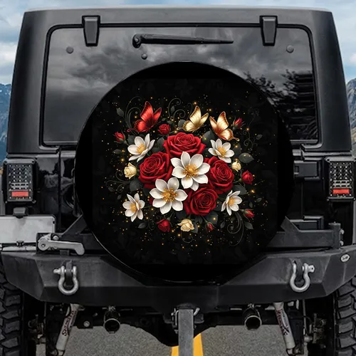 Deep Red Roses White Flowers Gold Butterflies Black Botanical Spare Tire Cover