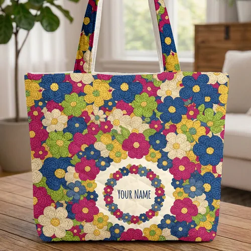 Personalized Storybook Crocheted Flowers Wreath - Everyday Lifestyle Gift Quilted Tote Bag