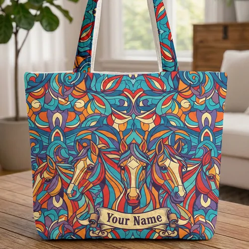 Western Interlocking Horse Heads Mosaic Equestrian Gift for Rider Quilted Tote Bag