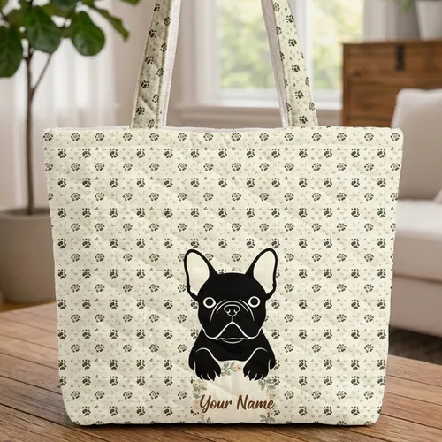 French Bulldog Head Paw Prints Bone - Dog Lover Everyday Carry Gift Quilted Tote Bag