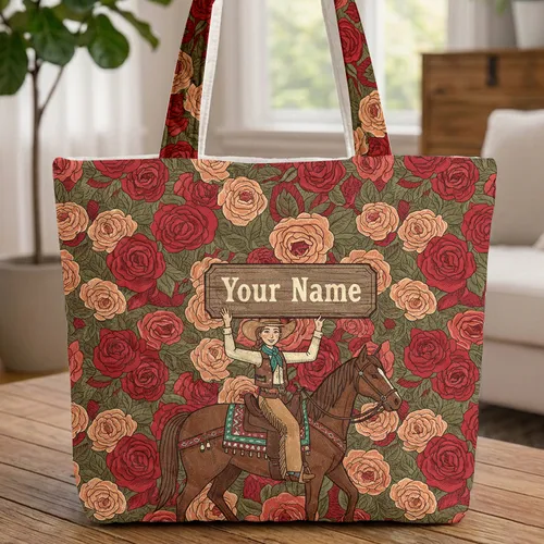 Personalized Cowgirl Horse Lush Roses - Western Riding Enthusiast Gift Quilted Tote Bag