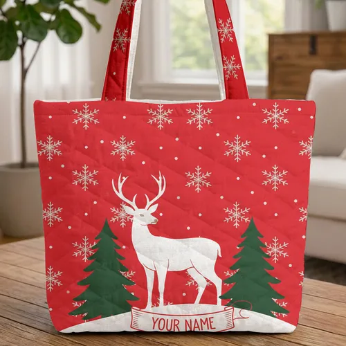 White Deer Snowdrift Pine Trees Snowflakes Christmas Holiday Gift for Winter Celebration Quilted Tote Bag