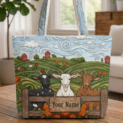 Farm Goats Marigold Flowers Hills - Farmhouse Decor Goat Lover Gift Quilted Tote Bag