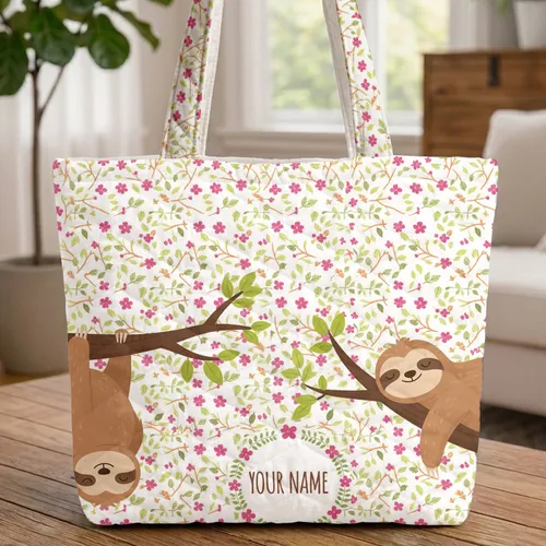 Sloths Personalized Name Floral Wreath - Wildlife Lover Everyday Carry Gift Quilted Tote Bag