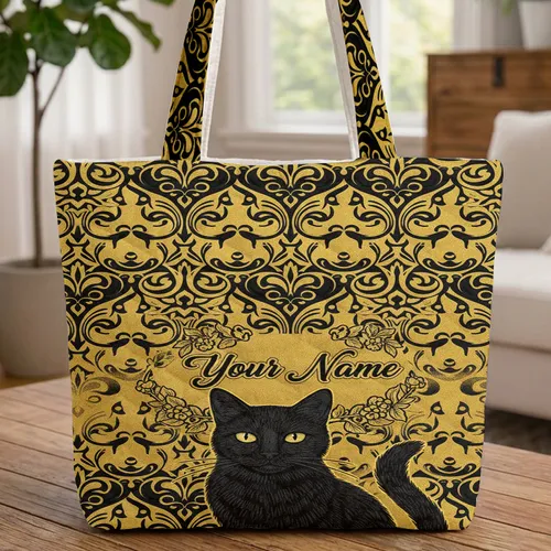 Black Cat Yellow Eyes Scrollwork Filigree - Thoughtful Cat Lover Gift Quilted Tote Bag