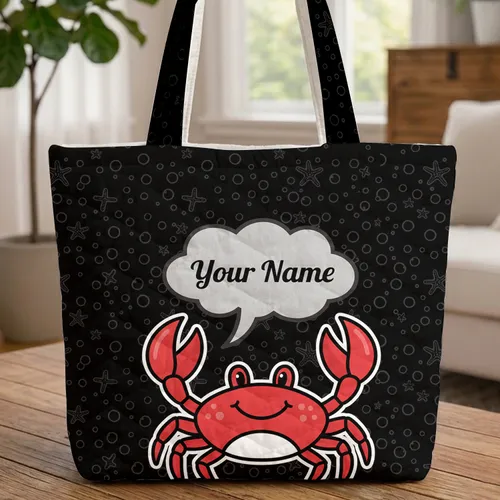 Cheerful Cartoon Crab Personalized Name - Beach Lover Travel Gift Quilted Tote Bag