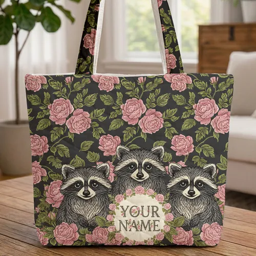 Three Raccoons Roses Leafy Greenery Floral Wreath - Everyday Tote Gift for Wildlife Lover Quilted Tote Bag