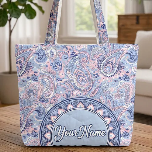 Bohemian Folk Art Paisley Floral Diamond Scalloped Medallion - Everyday Boho Lifestyle Gift Quilted Tote Bag