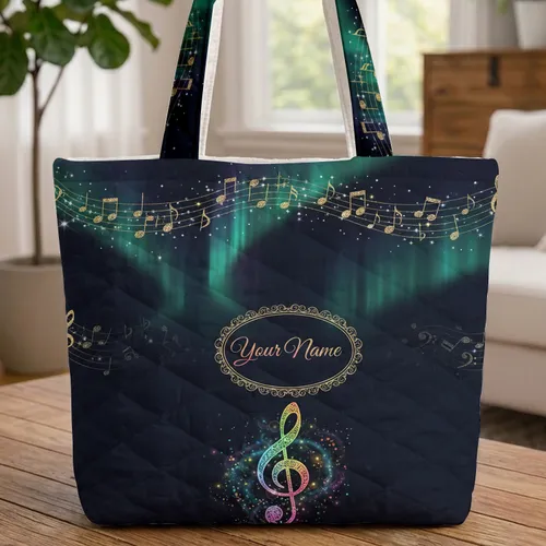 Treble Clef Musical Notes Personalized Name - Music Lover Everyday Gift Quilted Tote Bag