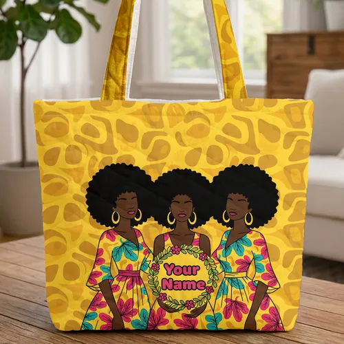 Afro Women Floral Wreath - Boho Lifestyle Everyday Use Quilted Tote Bag