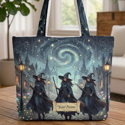 Cloaked Witch Figures Gothic Night Glowing Stars Vintage Streetlights - Home Decor Gift Quilted Tote Bag