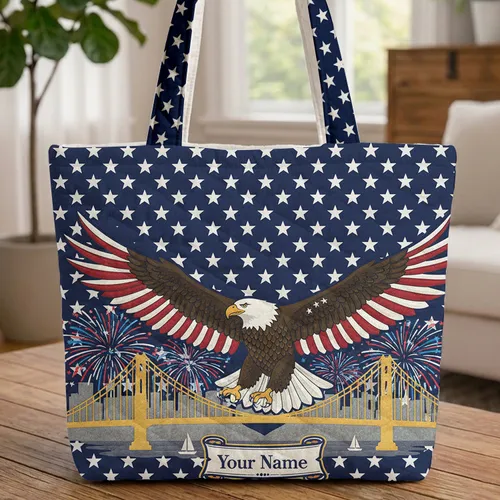 Bald Eagle American Flag Golden Gate Personalized Name - Independence Day Gift Quilted Tote Bag